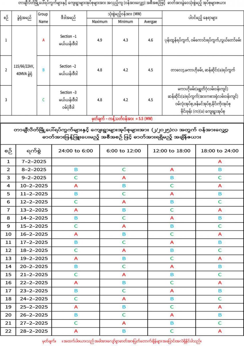  မြို့မီးလင်းရေးဦးဆောင်ကော်မတီရုံး၏ အချိန်ဇယား